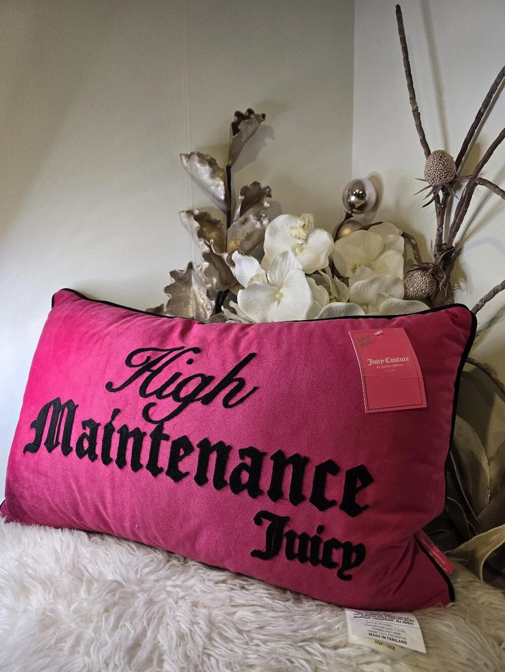 Juicy Couture  Velour hot pink Accent Decor Pillow Approximately 21” x 11” x 7”